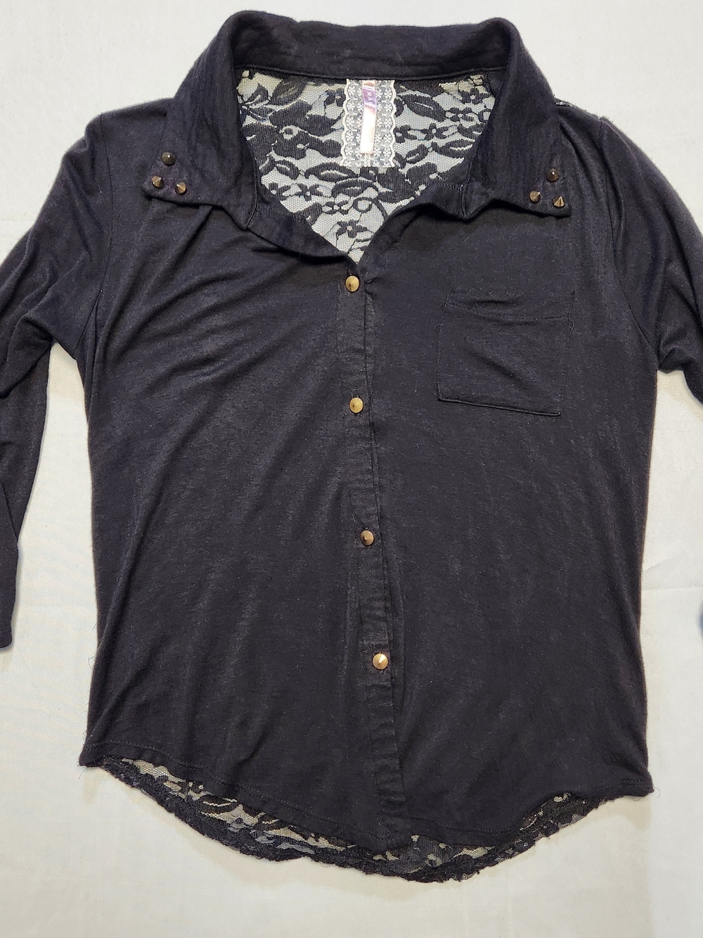 Mauve Black Blouse 3/4 Sleeve Lace Back Metal Button Up Top Size Small Goth Cute